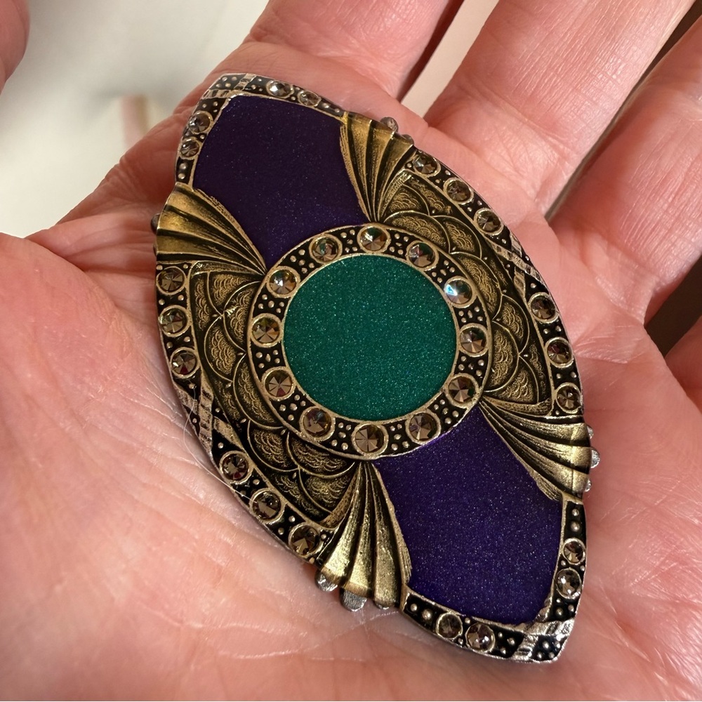 Catherine Popesco France Art deco brass purple green enameled Brooch